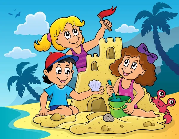 Bambini costruzione sabbia castello tema 2 — Vettoriale Stock