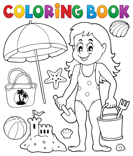 Coloring book girl and beach objects — Stock Vector