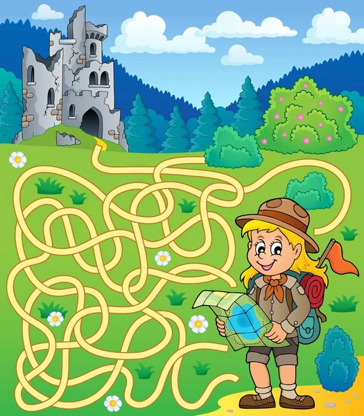 Labyrinthe 4 avec scout fille — Image vectorielle