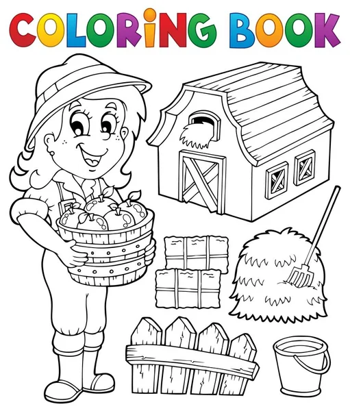 Kleurplaat boek meisje en boerderij objecten — Stockvector