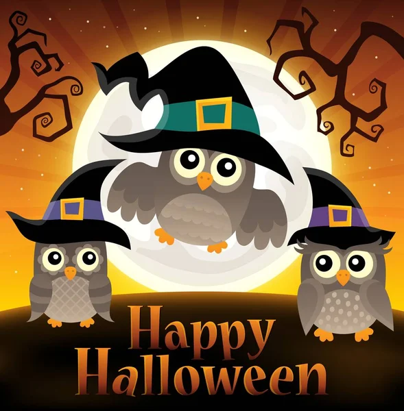 Sinal de Halloween feliz com corujas 2 —  Vetores de Stock