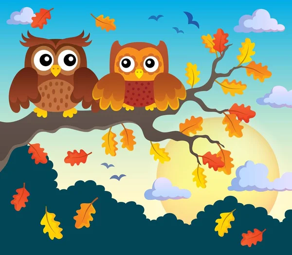 Podzimní sovy na větvi motiv obrazu 2 — Stockový vektor