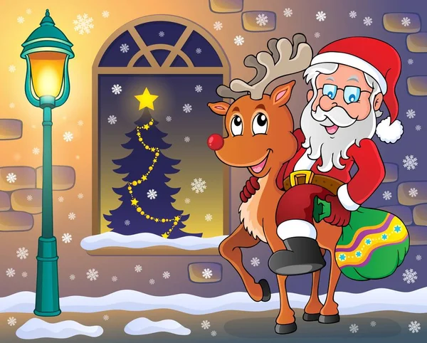 Papai Noel em renas na cidade —  Vetores de Stock