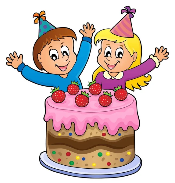 Cake and two kids celebrating image 1 — Stock Vector