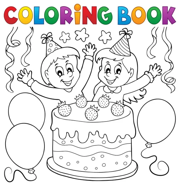 Coloring book cake and kids celebrating — Stock Vector