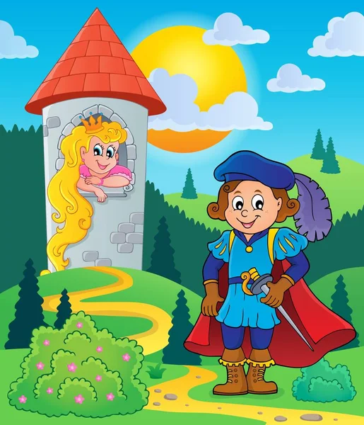 Принц біля вежі з принцесою — стоковий вектор