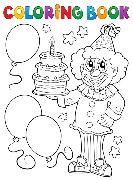 Coloring book clown holding cake — Stock Vector