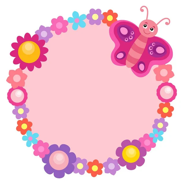 Round flower frame with butterfly 1 — Stock Vector