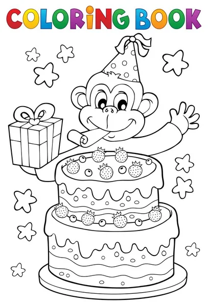 Coloring book cake and party monkey — Stock Vector