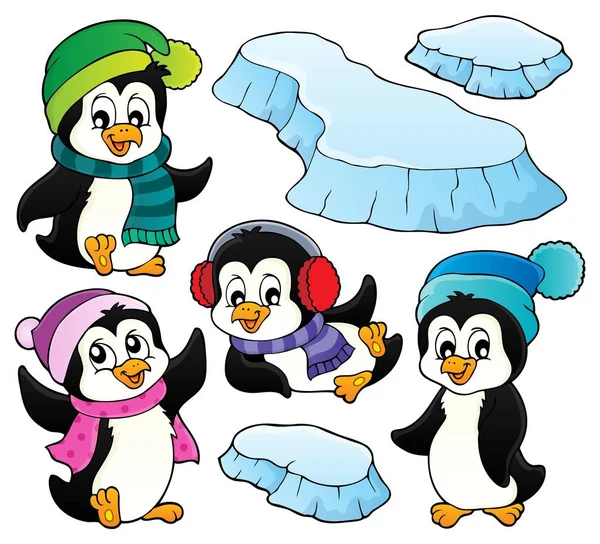 快乐的冬季企鹅主题集1 — 图库矢量图片