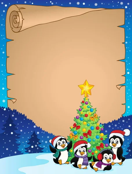 Karácsonyfa és a pingvinek pergamen 1 — Stock Vector
