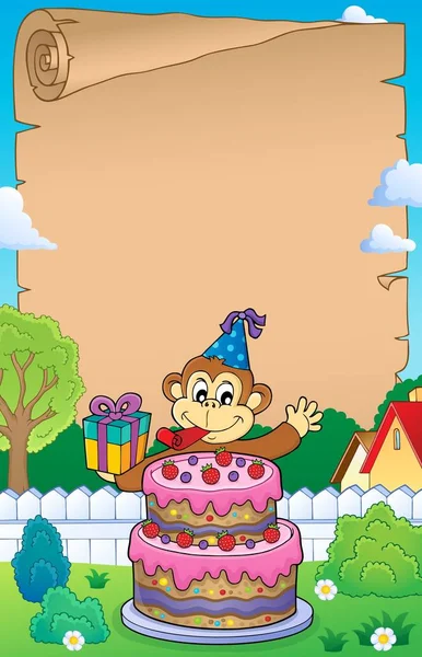 Parchemin avec gâteau et singe de fête — Image vectorielle