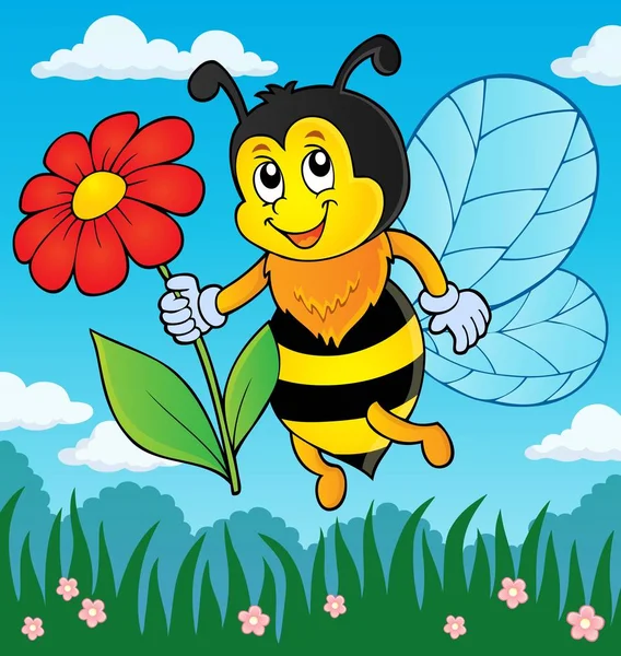 Happy bee drží květinový motiv 3 — Stockový vektor