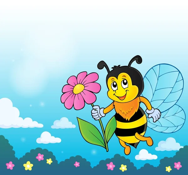 Happy bee drží květinový motiv 4 — Stockový vektor