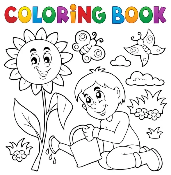 Coloring book boy gardening theme 1 — Stock Vector