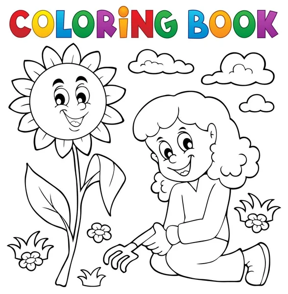 Libro para colorear chica jardinería tema 1 — Archivo Imágenes Vectoriales