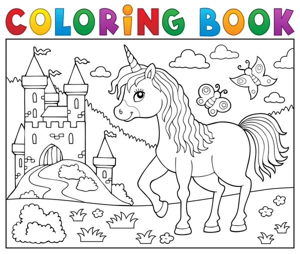 Coloring book happy unicorn topic 2 — Stock Vector