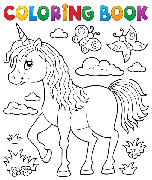 Coloring book happy unicorn topic 1 — Stock Vector