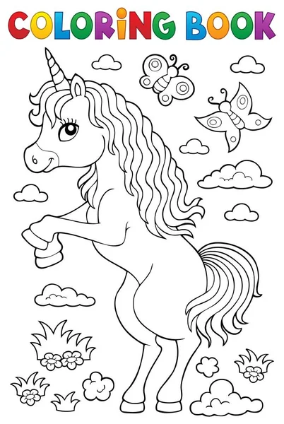 Kleurplaat boek staande unicorn thema 1 — Stockvector
