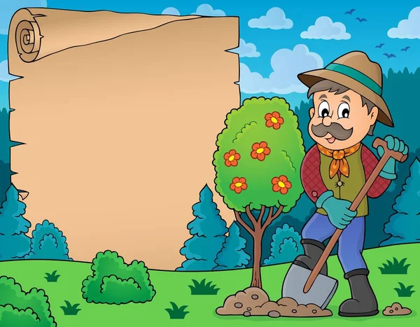 Pergamena con l'uomo piantare albero — Vettoriale Stock