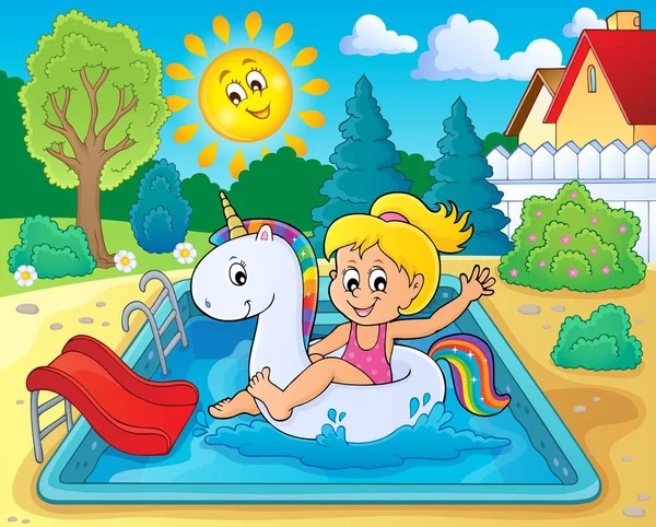 Girl floating on inflatable unicorn 3 — Stock Vector