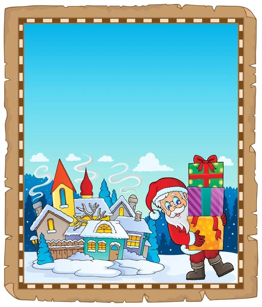 Santa Claus in de buurt van dorp perkament 2 — Stockvector