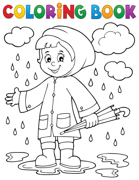 Coloring book girl in rainy weather 1 — Stock Vector