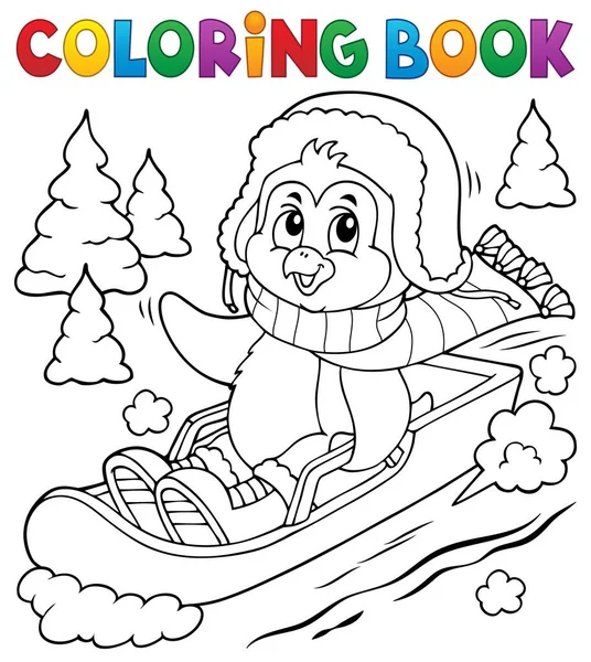 Coloring book penguin on bobsleigh 1 — Stock Vector