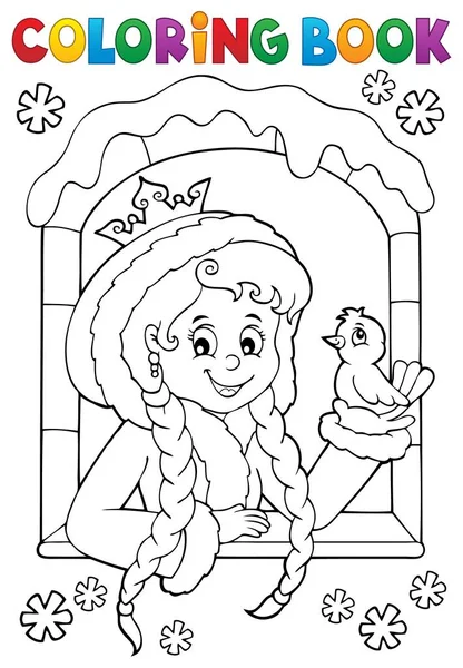 Libro para colorear princesa en ventana de invierno — Vector de stock