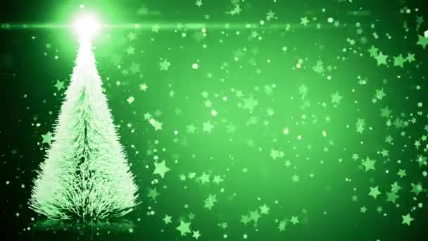 Feliz Natal cartão de saudação: Árvore de Natal com luz brilhante, queda de flocos de neve e estrelas — Vídeo de Stock
