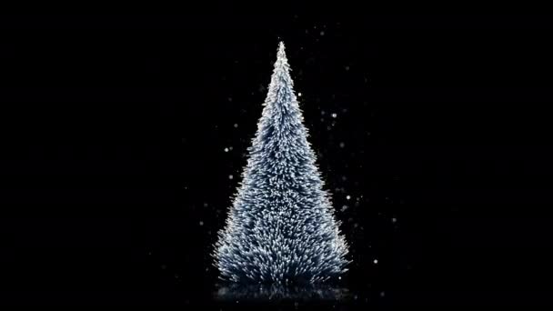 Veselé vánoční přání: vánoční strom s zářící světlo, padající vločky a hvězdy
