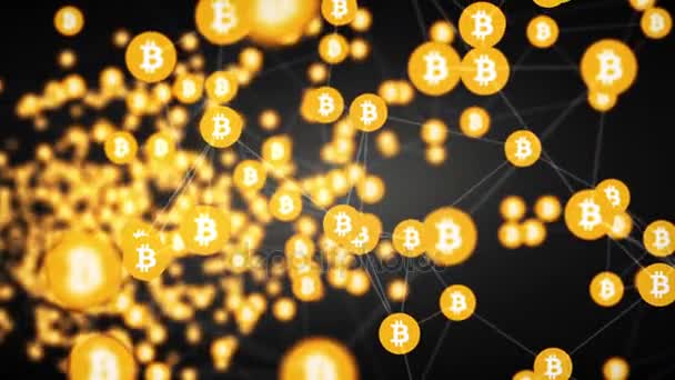 Minería Bitcoin Movimiento Conectado Símbolos Bitcoin Fondo Tecnología Cámara Lenta — Vídeos de Stock