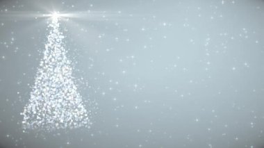 Mutlu Noeller video kartı. Parlayan ışığın yavaşça döndüğü Noel ağacı, ve açık gri arka planda parıldayan yıldızlar, 4k kusursuz tatil animasyonu