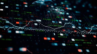 Dinamik sayıların akış tablolarının gösterimi, arkaplanda dünya küresini gösteren yüzde sembolleri. Piyasalardaki değişiklikleri gösteren mali rakamlar ve şemalar