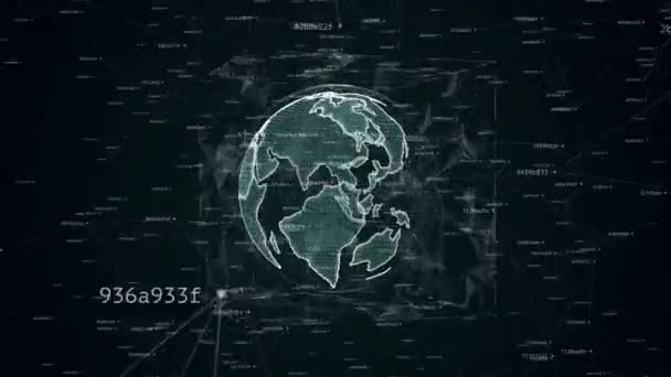 Animacja 3D obracającej się kuli ziemskiej w kuli i sześcianu w otoczeniu cyfrowego szumu — Wideo stockowe