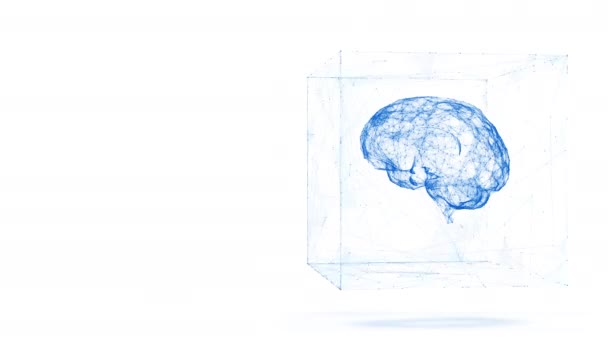 数字立方体中大脑线框的三维抽象未来科学动画 — 图库视频影像