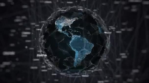 Земной шар вращается в геометрическом хаосе с цифровой шумовой ведьмой, связанной гашем — стоковое видео
