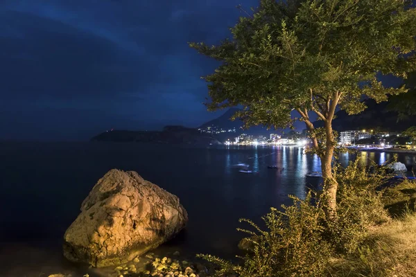 Hermosa puesta de sol en la costa mediterránea. Pintoresca bahía con árbol en Montenegro . —  Fotos de Stock