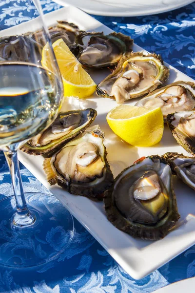 Schotel van verse oesters met saus en citroen Stockfoto