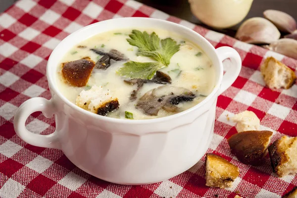 Pilzsuppe mit Croutons in weißer Schüssel — Stockfoto