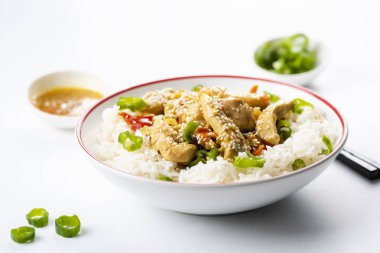 Tavuklu pilav ve sebze.