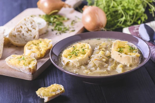 Uiensoep en toast met kaas — Stockfoto