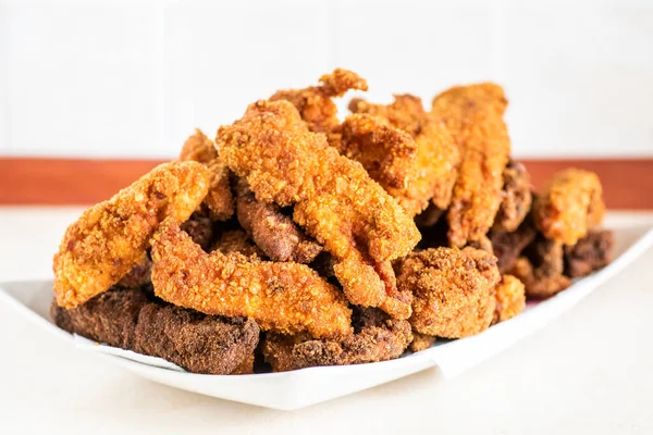 Homemade Chicken Strips Coated Corn Garlic Sauce — Stock Photo, Image