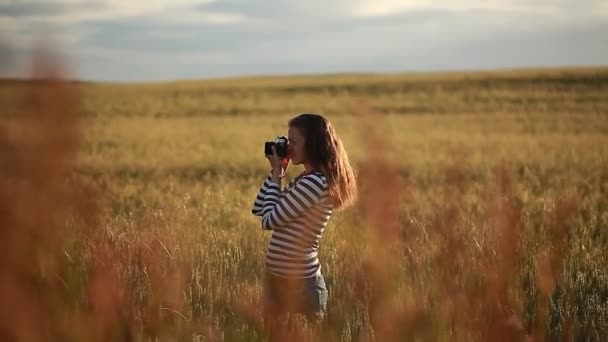 Menina tirando fotos de uma paisagem natural em um campo à noite — Vídeo de Stock
