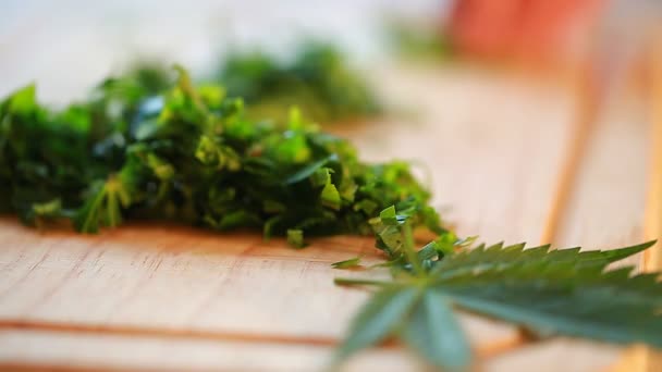 Corte de hojas de cannabis para ensalada — Vídeo de stock