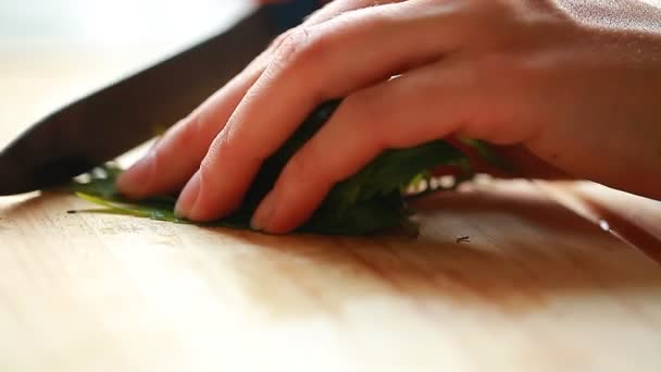 Cannabis blad snijden voor een salade — Stockvideo