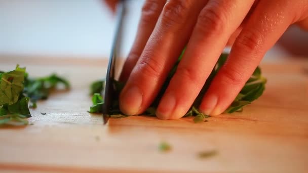 Різання листя конопель для салату — стокове відео
