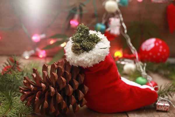 Santa Red Christmas Hat Marijuana — Stock Photo, Image