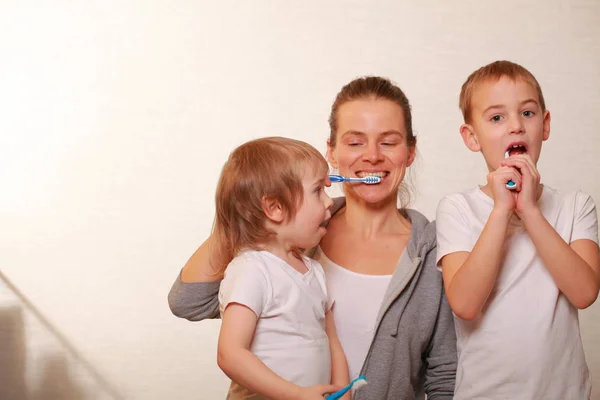 family mom and two blond boys brush their teeth