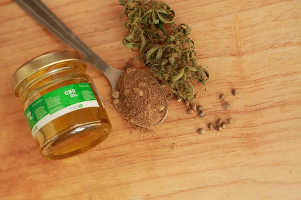 Cannabis aceite de cbd semillas de cáñamo harina — Foto de Stock